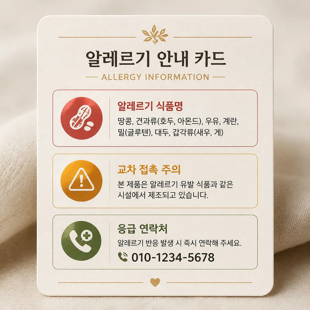 직원에게 보여줄 수 있는 알레르기 고지 카드 예시