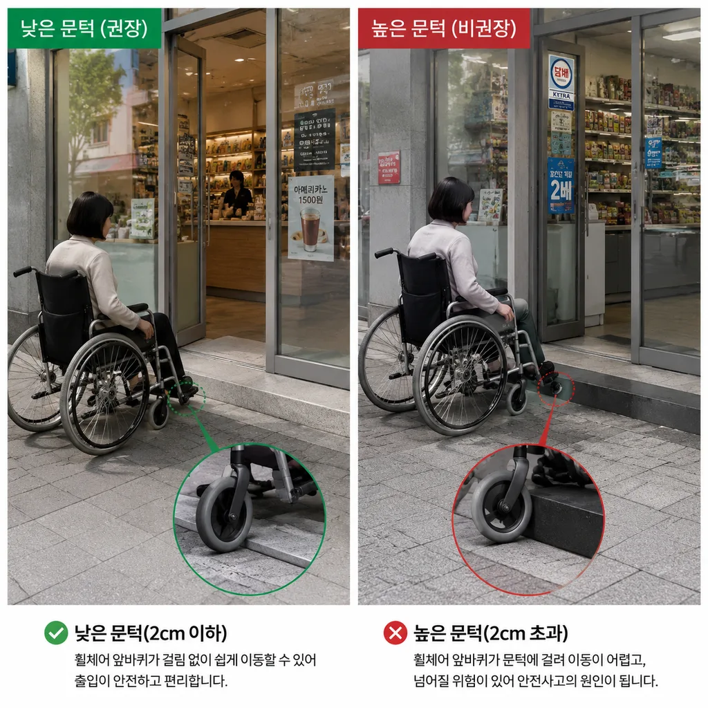 휠체어 이용자가 매장 입구 문턱 높이를 비교하는 장면