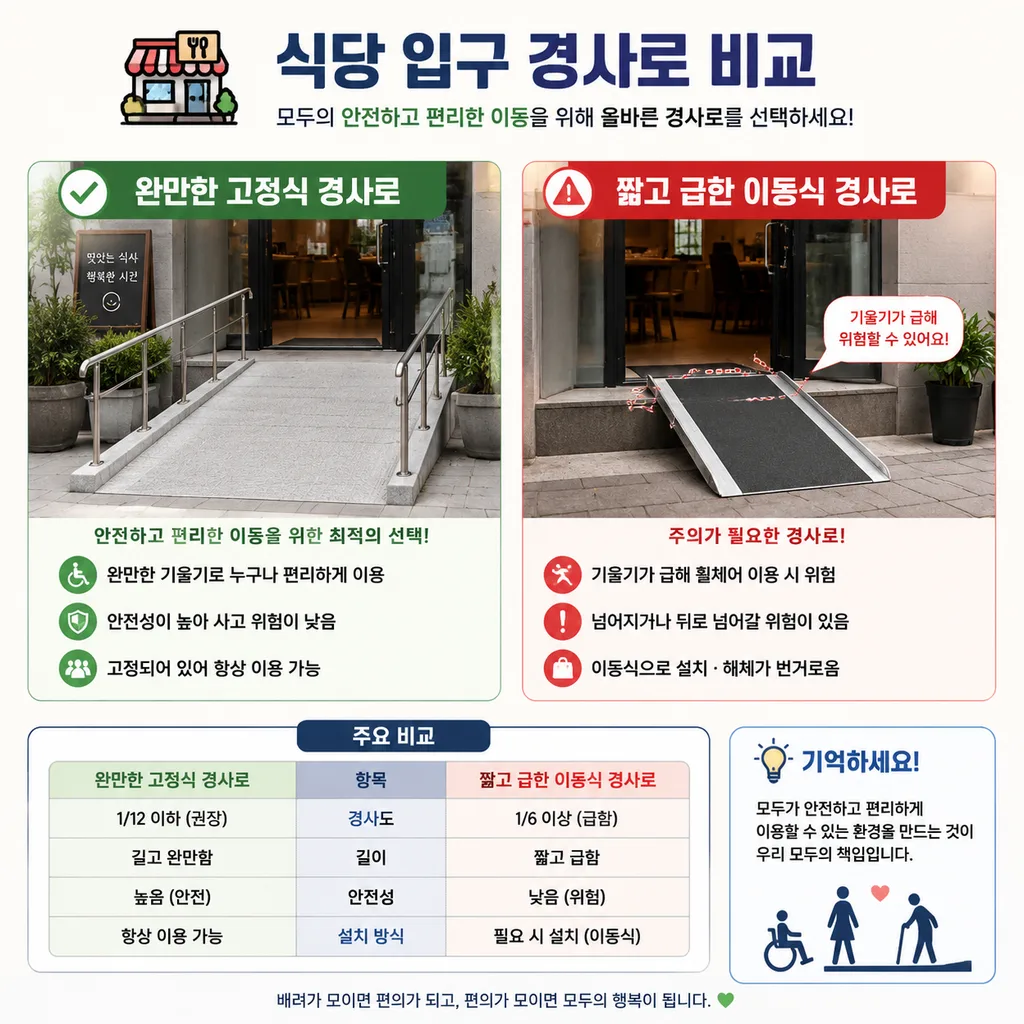 휠체어 접근성을 위한 완만한 경사로와 급한 경사로 비교