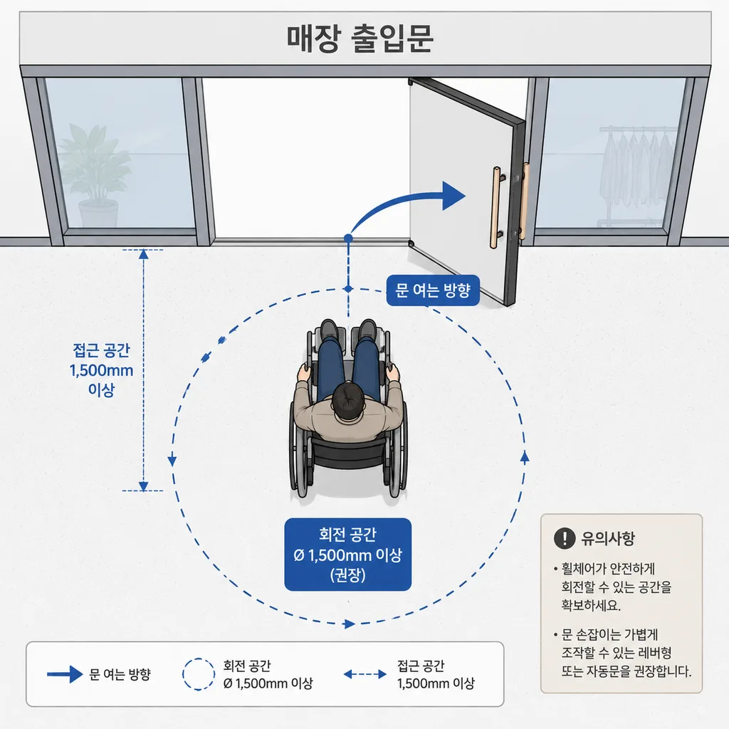 휠체어가 출입문 앞에서 회전하고 대기할 수 있는 평탄 공간