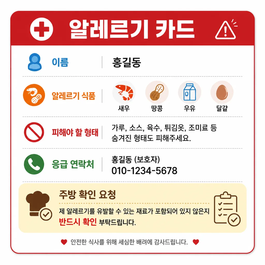 외식용 알레르기 카드에 적어야 할 정보 예시