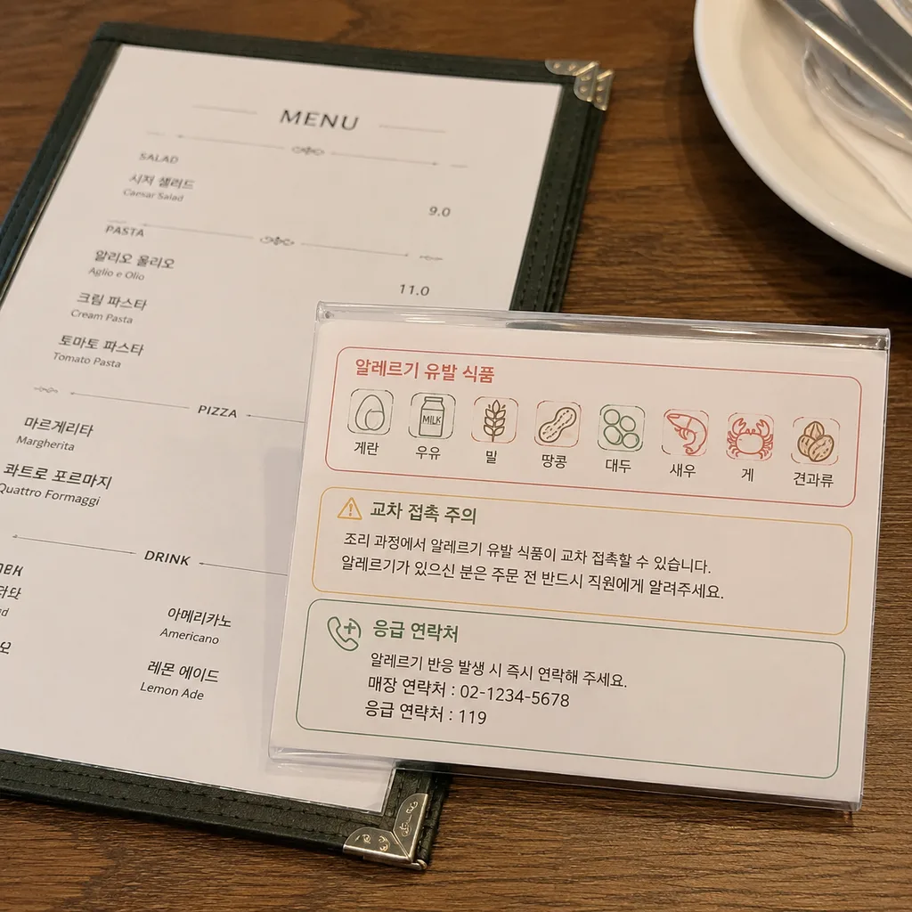 식당 직원에게 보여줄 수 있는 알레르기 카드 예시
