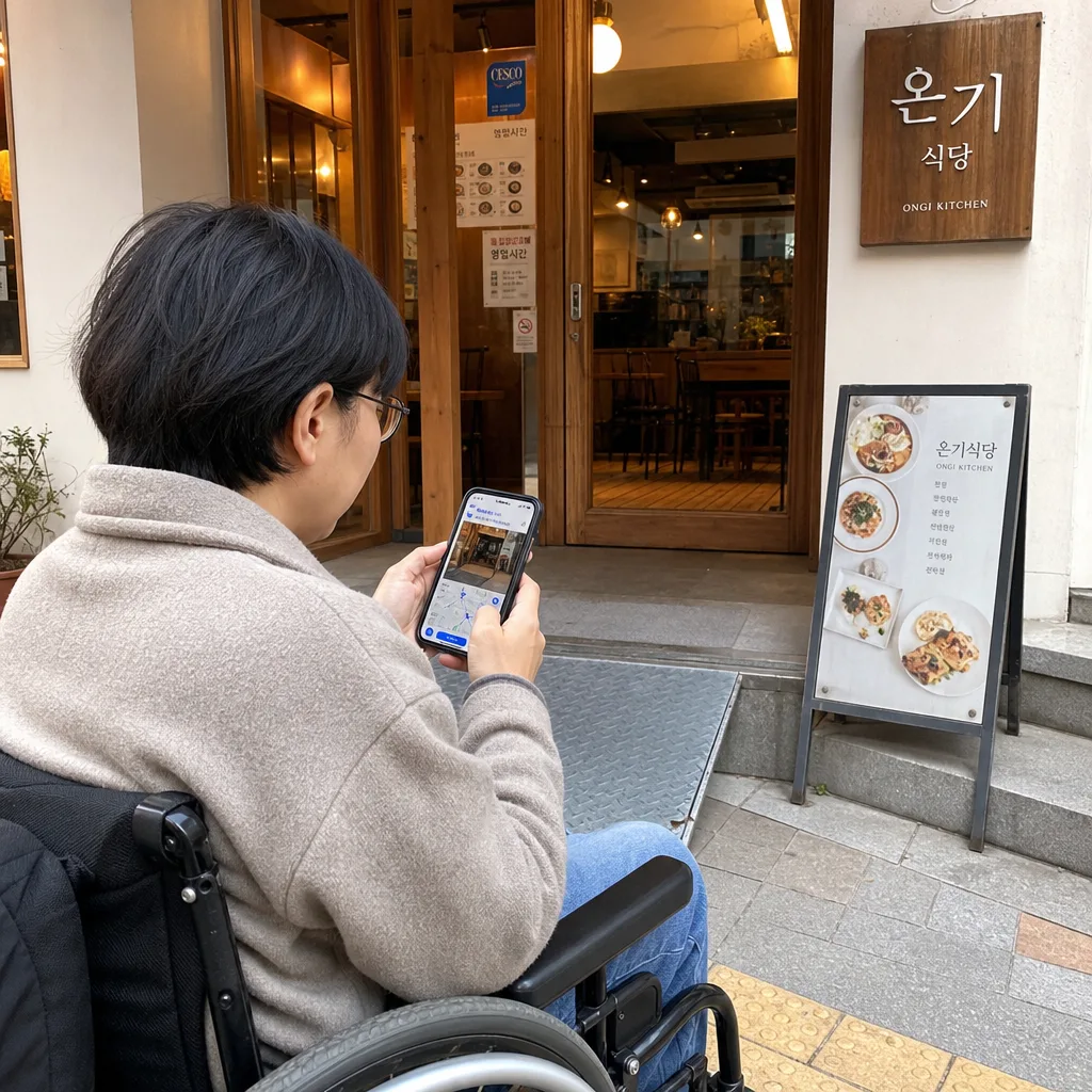 휠체어 사용자가 지도 앱으로 접근성 좋은 식당을 찾는 모습