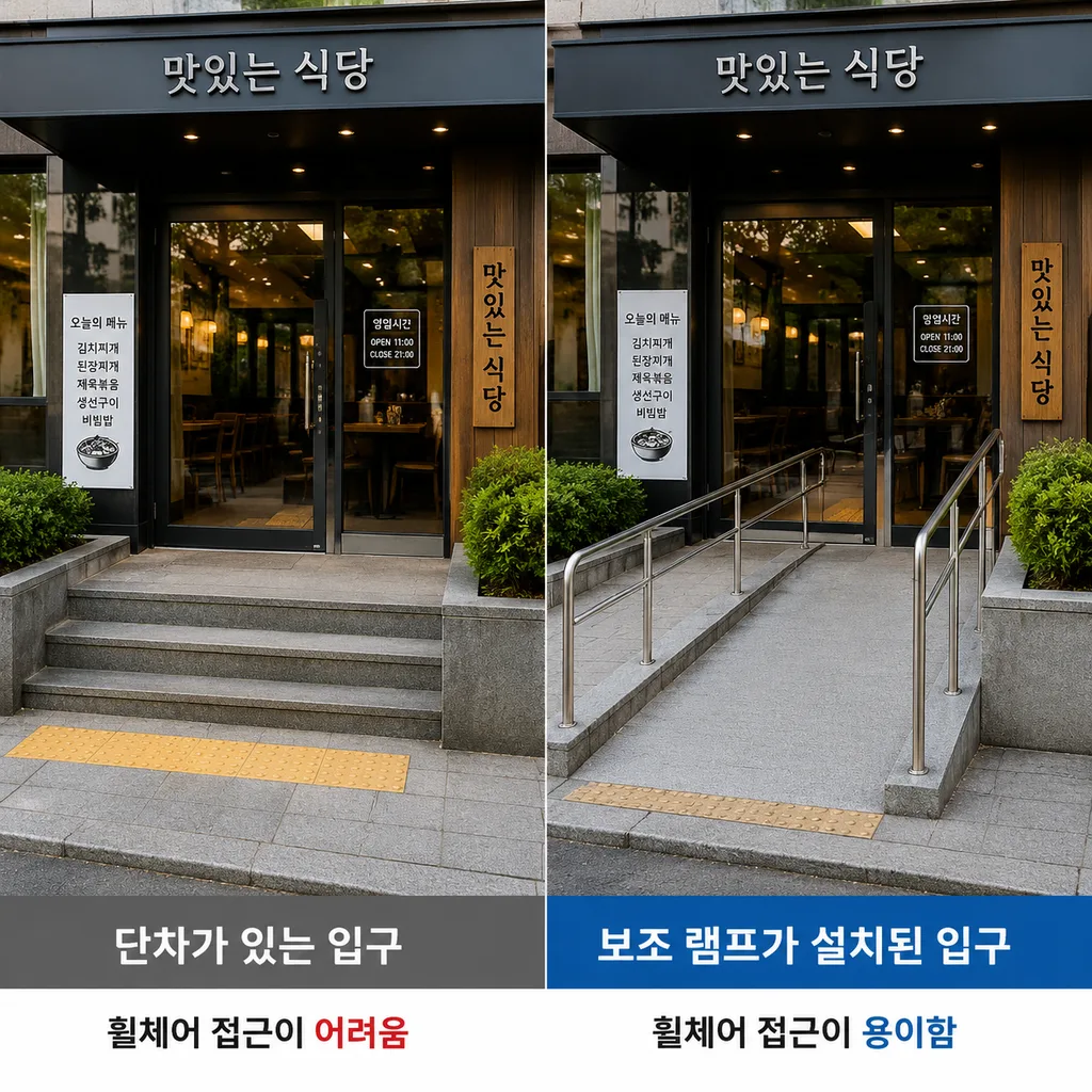 휠체어 접근성을 확인해야 하는 식당 입구 단차와 램프
